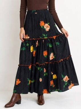 Vintage Black Orange Floral Tiered Prairie Maxi Skirt XS–M elastic waist 20”-35”